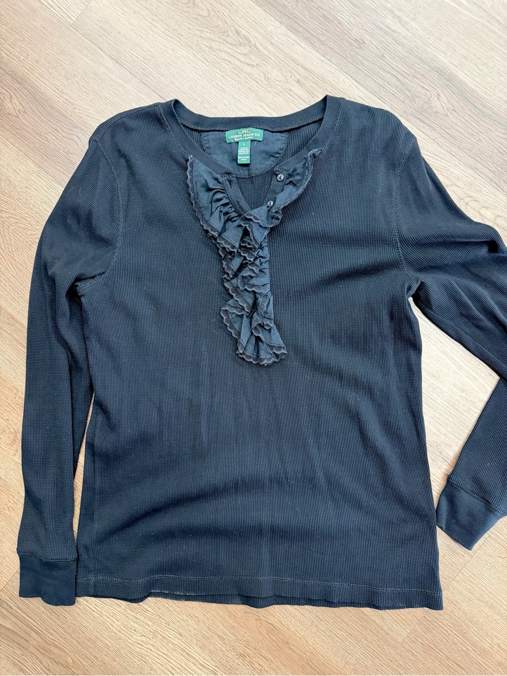 Lauren Ralph Lauren Black Long-Sleeve Ruffle Henley Top Sz L